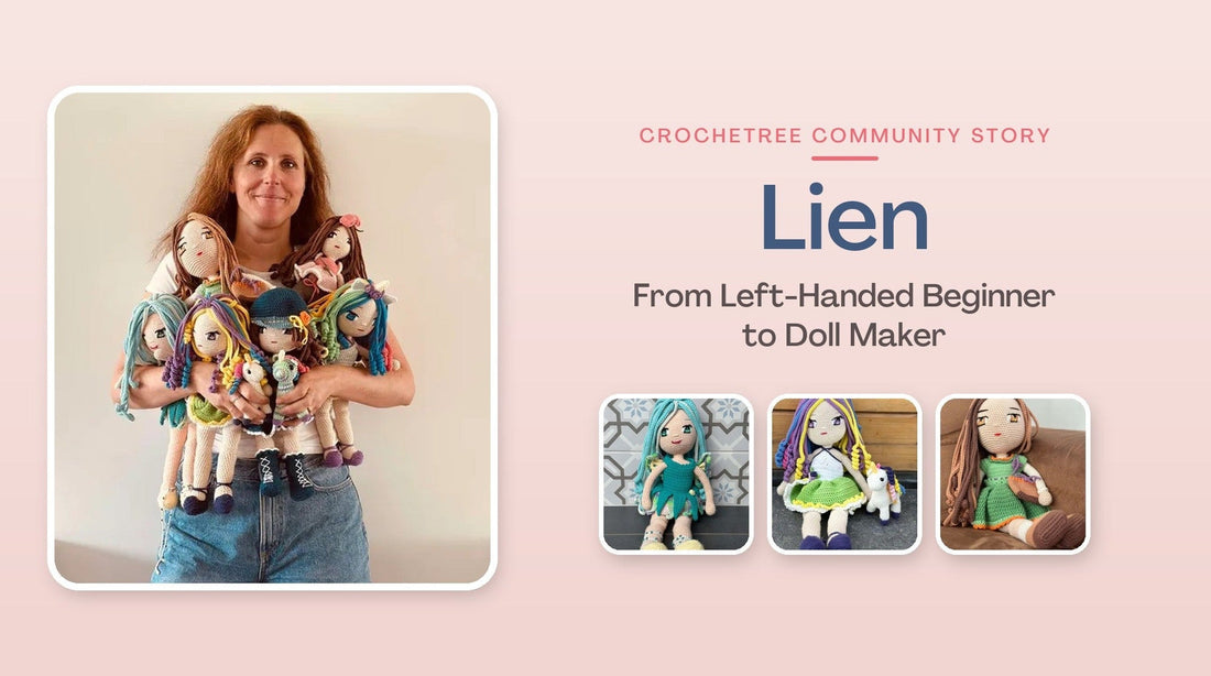 Lien with her handmade Crochetree crochet dolls — From Left-Handed Beginner to Doll Maker