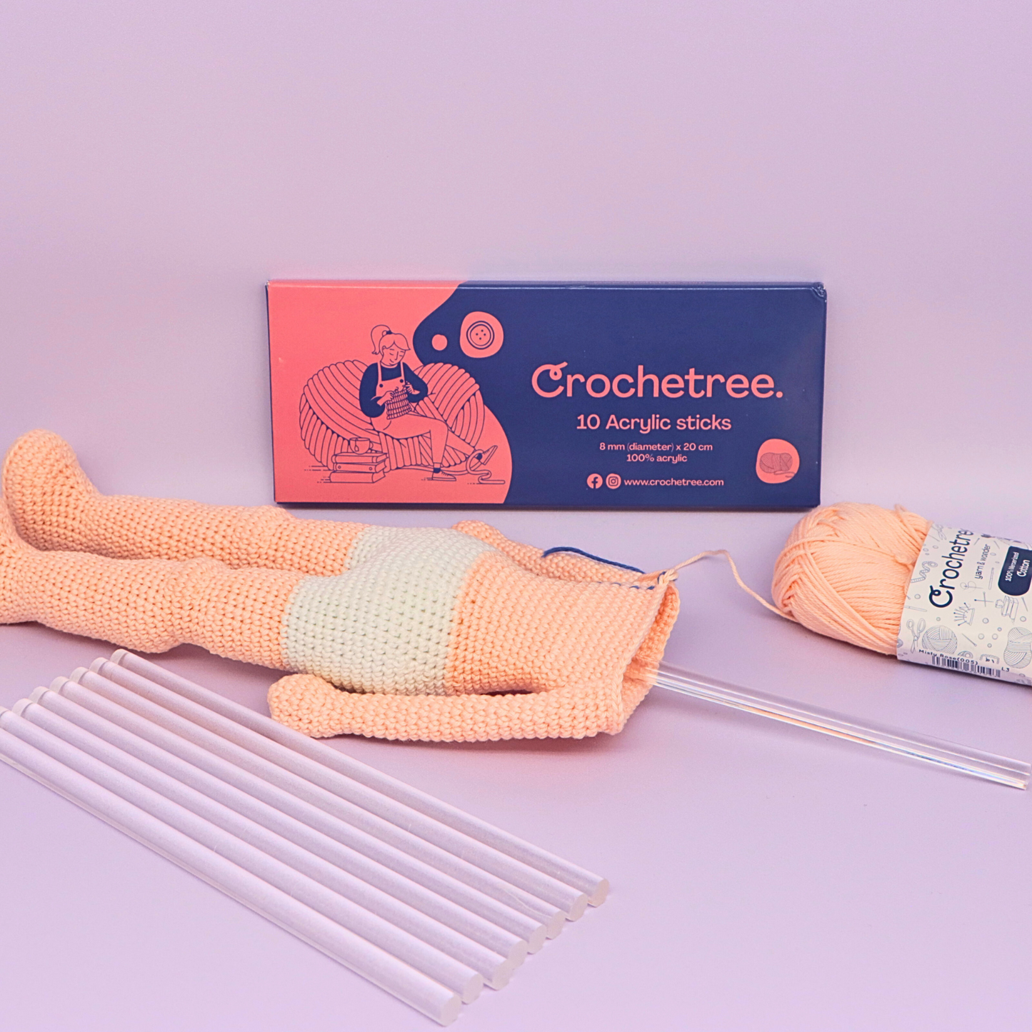 Crochetree Acrylic Sticks – 10 pcs, 8 mm × 20 cm