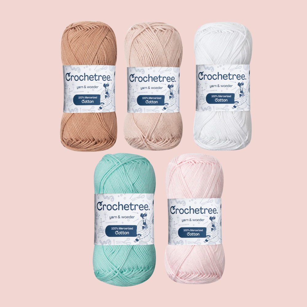 Betsy Yarn Set - Crochetree 100% mercerized cotton skeins in caramel, beige, white, mint green, and pale pink