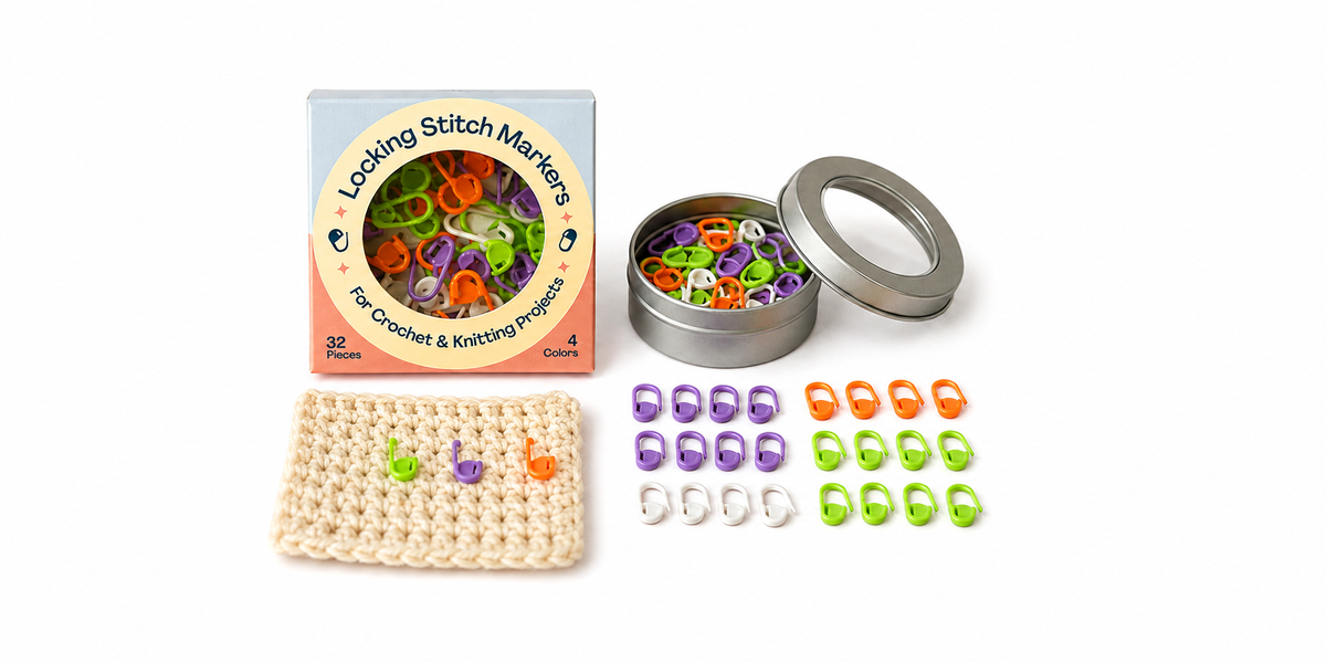 Crochetree locking stitch markers, 32 markers in four colors with metal tin and crochet swatch
