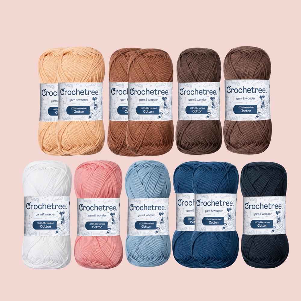 Valentina Pink and Blue Yarn Set - 100% mercerized cotton skeins in peach, pink, blues, brown, and white