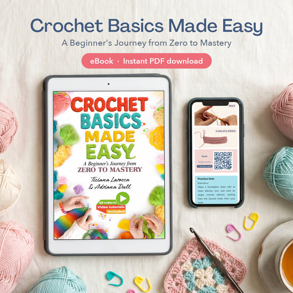 Crochet Basics Made Easy ebook PDF on a tablet and phone with yarn