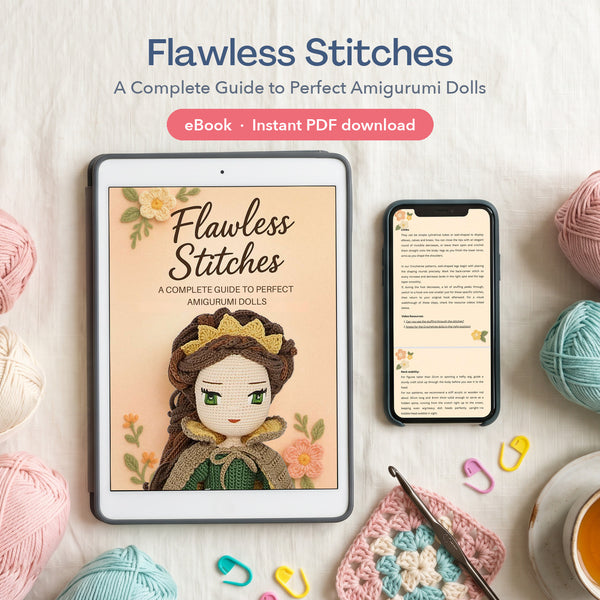 Flawless Stitches amigurumi doll guide ebook PDF on a tablet and phone with yarn