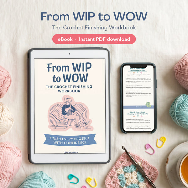 From WIP to WOW crochet finishing workbook PDF on a tablet and phone with yarn
