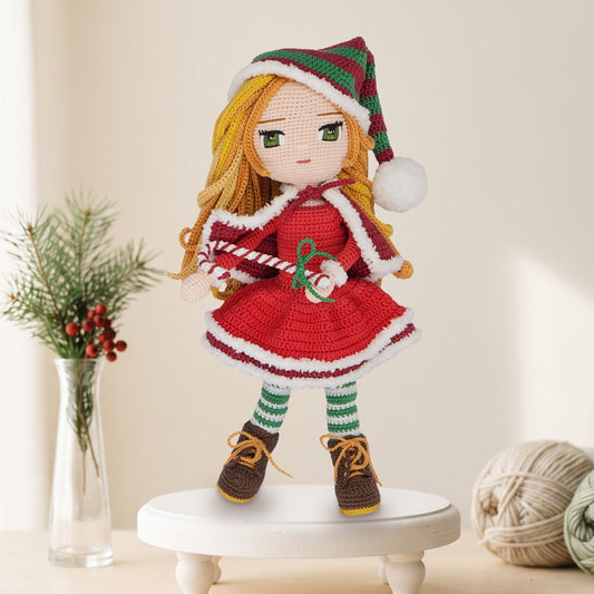 Nathalie Christmas crochet doll pattern PDF, finished doll in her red dress and cape