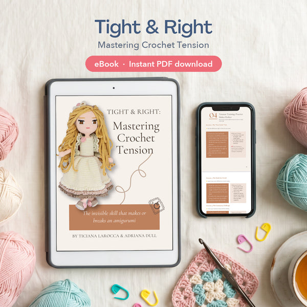 Tight and Right Mastering Crochet Tension ebook PDF on a tablet and phone with yarn