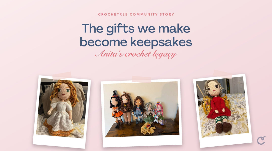 Anita with her handmade Crochetree dolls, a Crochetree Community Story