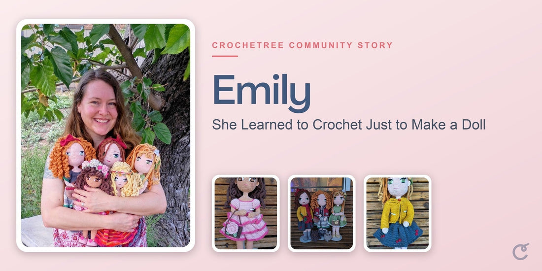 Emily with her handmade Crochetree dolls, a Crochetree Community Story