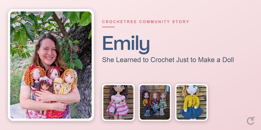 Emily with her handmade Crochetree dolls, a Crochetree Community Story