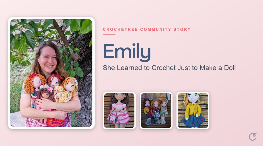 Emily with her handmade Crochetree dolls, a Crochetree Community Story