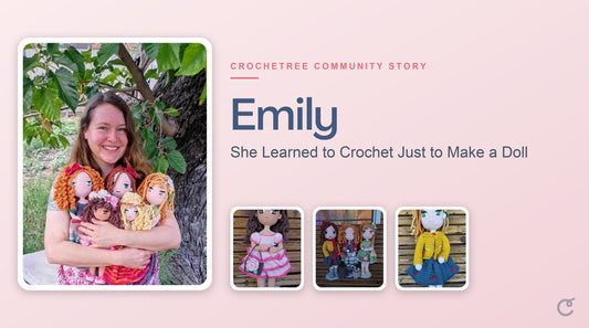 Emily with her handmade Crochetree dolls, a Crochetree Community Story