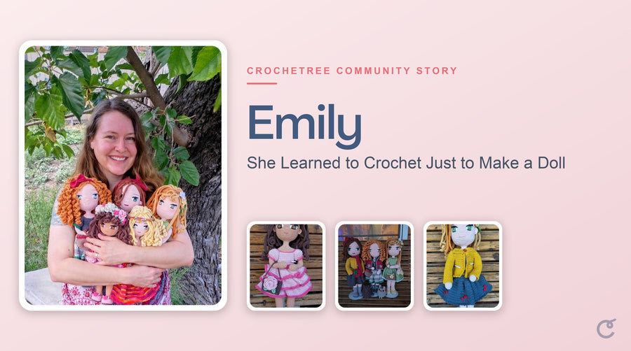 Emily with her handmade Crochetree dolls, a Crochetree Community Story