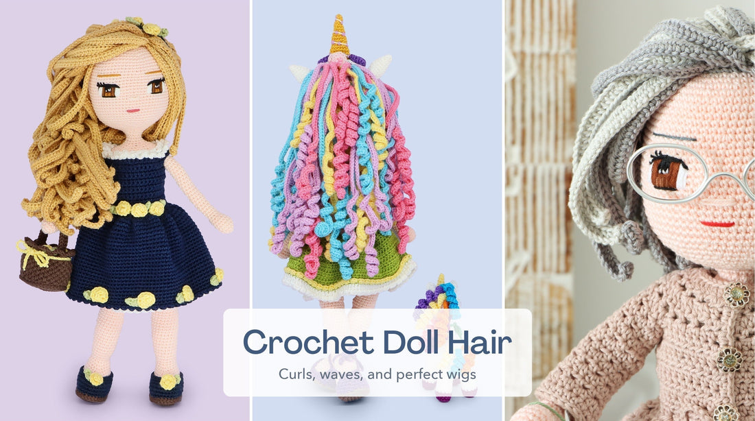 Three Crochetree dolls showing crochet doll hair styles: golden waves, rainbow curls, and silver hair