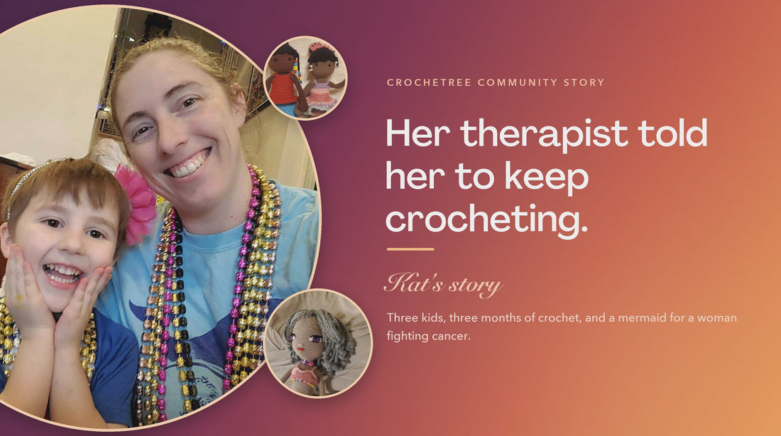 Kat Thimmesch with her son and the Crochetree dolls she has made, a Crochetree Community Story