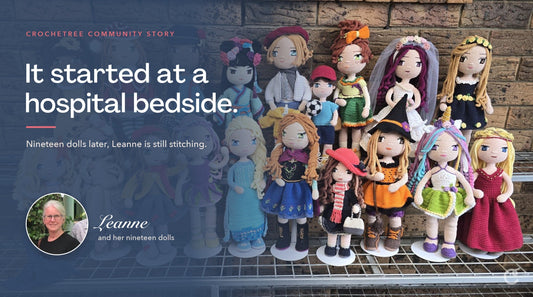 Leanne with her handmade Crochetree dolls, a Crochetree Community Story