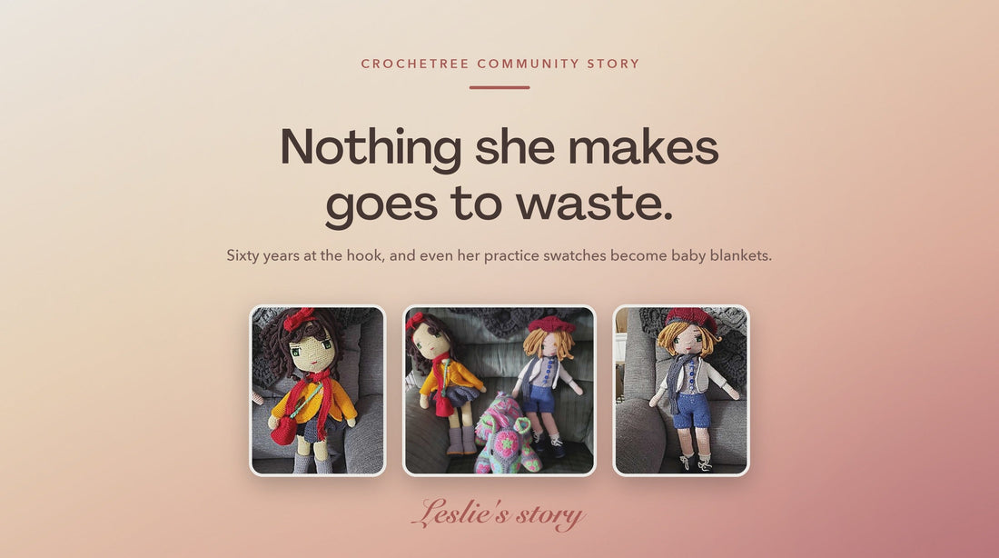 Leslie Klatt's two Crochetree crochet dolls, a Crochetree Community Story