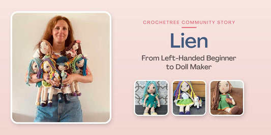 Lien with her handmade Crochetree crochet dolls — From Left-Handed Beginner to Doll Maker