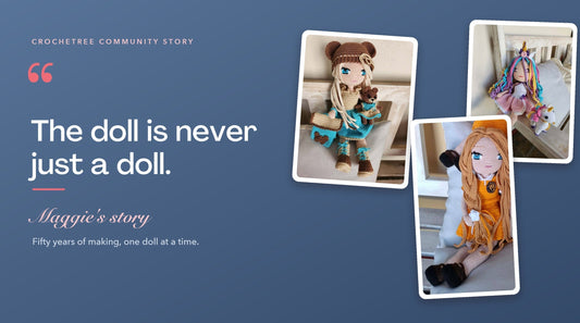 Maggie with her handmade Crochetree dolls, a Crochetree Community Story