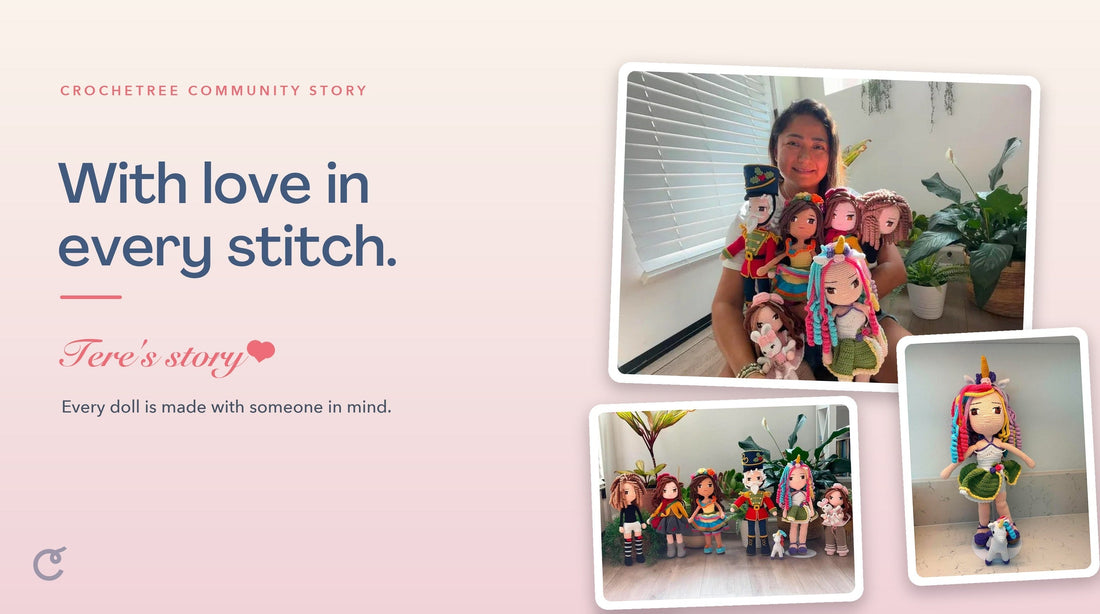 Tere with her handmade Crochetree dolls, a Crochetree Community Story