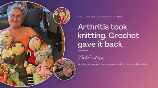 Vicki Henderson with the crochet dolls she makes since arthritis ended her knitting, a Crochetree Community Story