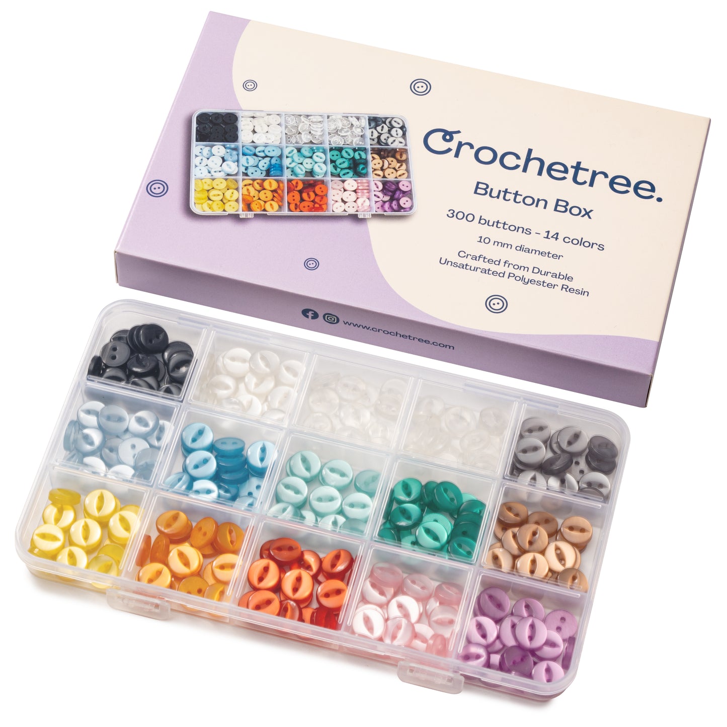 Crochetree Button Box – 300 Buttons, 10 mm, 14 Colors