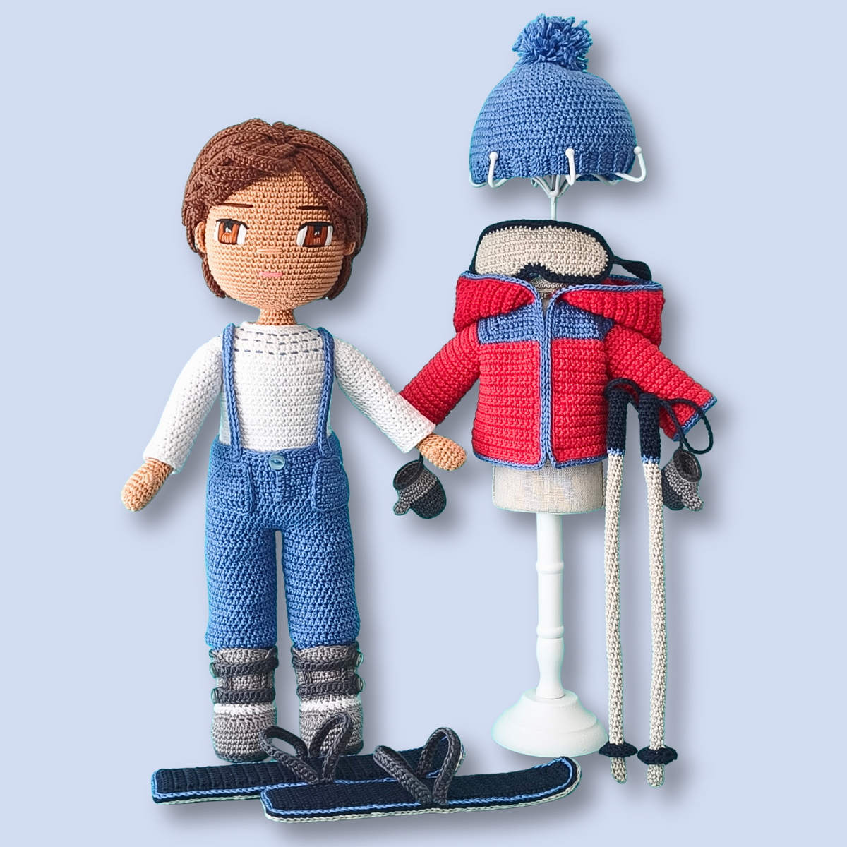 Thomas Skier crochet doll pattern with jacket, hat and skis