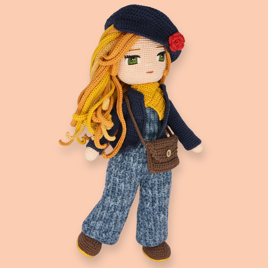Nathalie Denim crochet doll pattern PDF - amigurumi doll in denim overalls, navy beret and cardigan