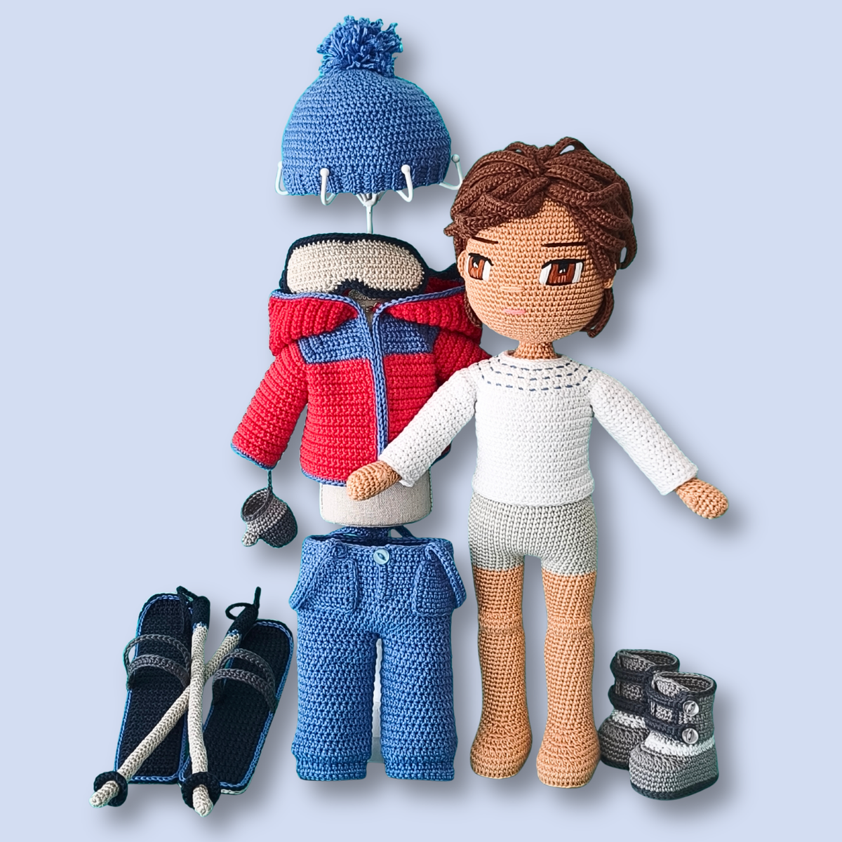 Thomas Skier crochet doll pattern with full ski outfit pieces