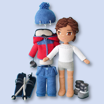 Thomas Skier crochet doll pattern with full ski outfit pieces