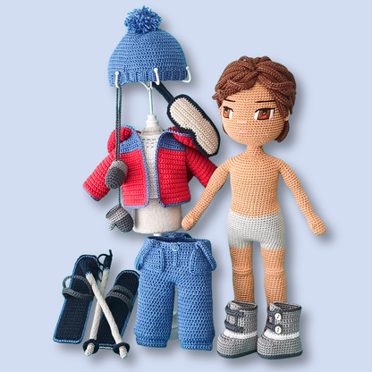 Thomas Skier crochet doll pattern, base doll with complete ski outfit