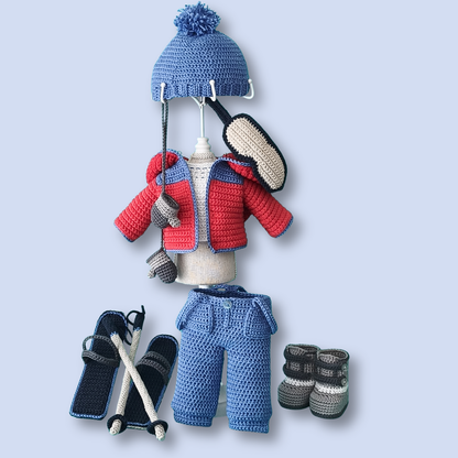 Thomas Skier crochet ski outfit pattern, all pieces flat lay