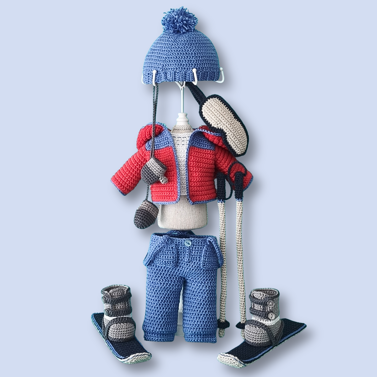 Thomas Skier crochet ski outfit pattern, jacket, pants, boots and skis