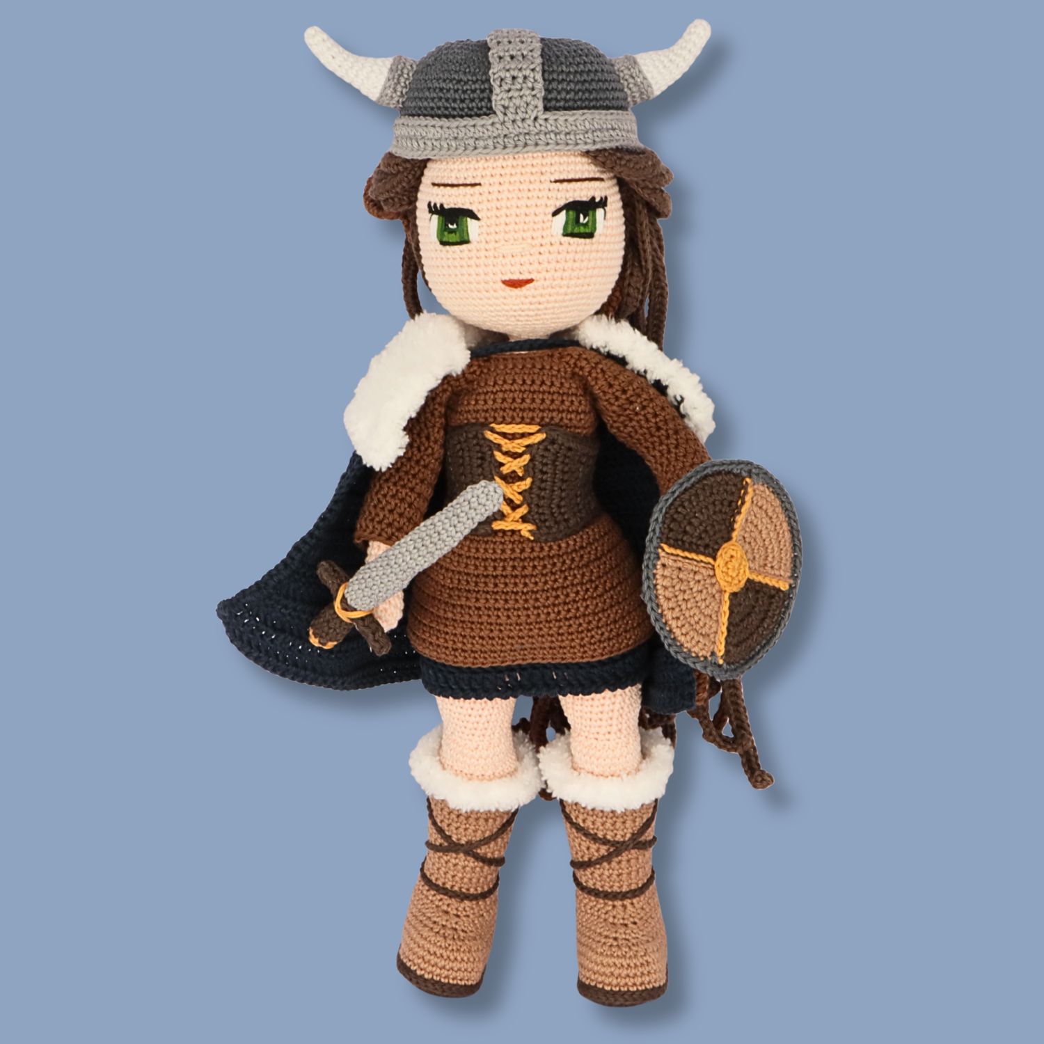 Genevieve Viking crochet outfit front view - handmade amigurumi pattern