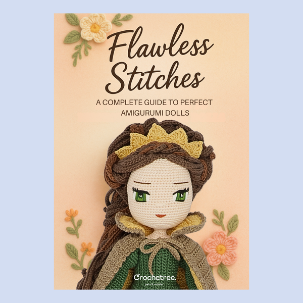 Flawless Stitches crochet ebook cover - amigurumi princess doll with crown, a guide to perfect amigurumi dolls