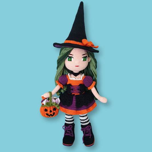 Witch Seraphine crochet doll pattern PDF, amigurumi witch doll with pumpkin basket