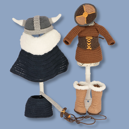 Genevieve Viking crochet outfit pattern — tunic, corset, boots, helmet, cape, shield, and sword