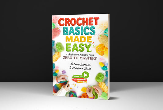 Crochet Basics Made Easy book on craft table with yarn