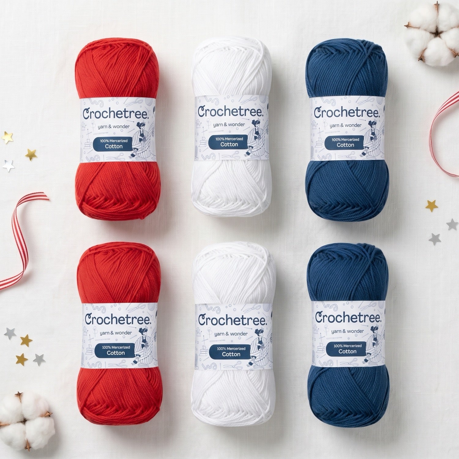 The 4th of July Yarn Set - red, white, and blue Crochetree mercerized cotton skeins for America 250th anniversary