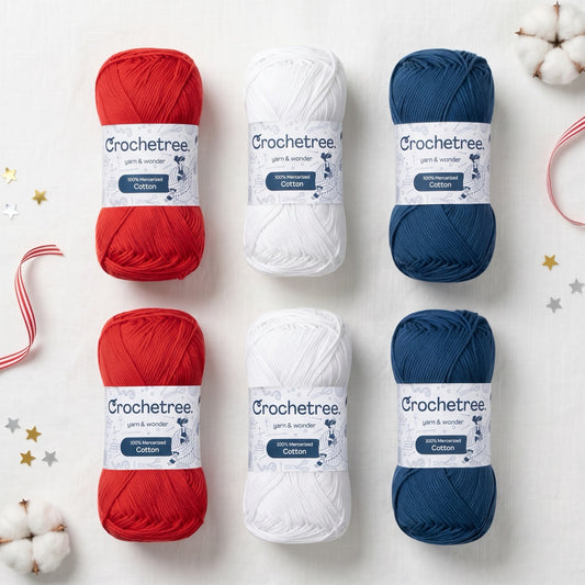The 4th of July Yarn Set - red, white, and blue Crochetree mercerized cotton skeins for America 250th anniversary