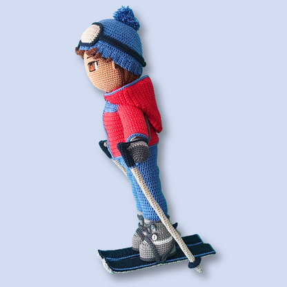 Thomas Skier crochet doll pattern, side view on skis