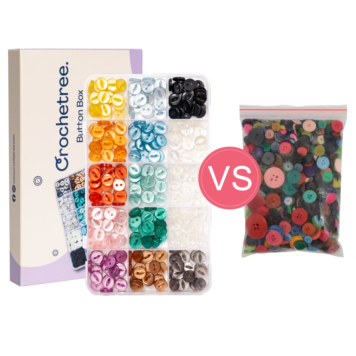 Crochetree Button Box – 300 Buttons, 10 mm, 14 Colors