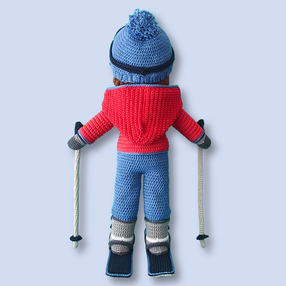 Thomas Skier crochet doll pattern, back view of jacket and hat