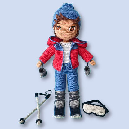 Thomas Skier crochet doll pattern, open jacket showing blouse and pants