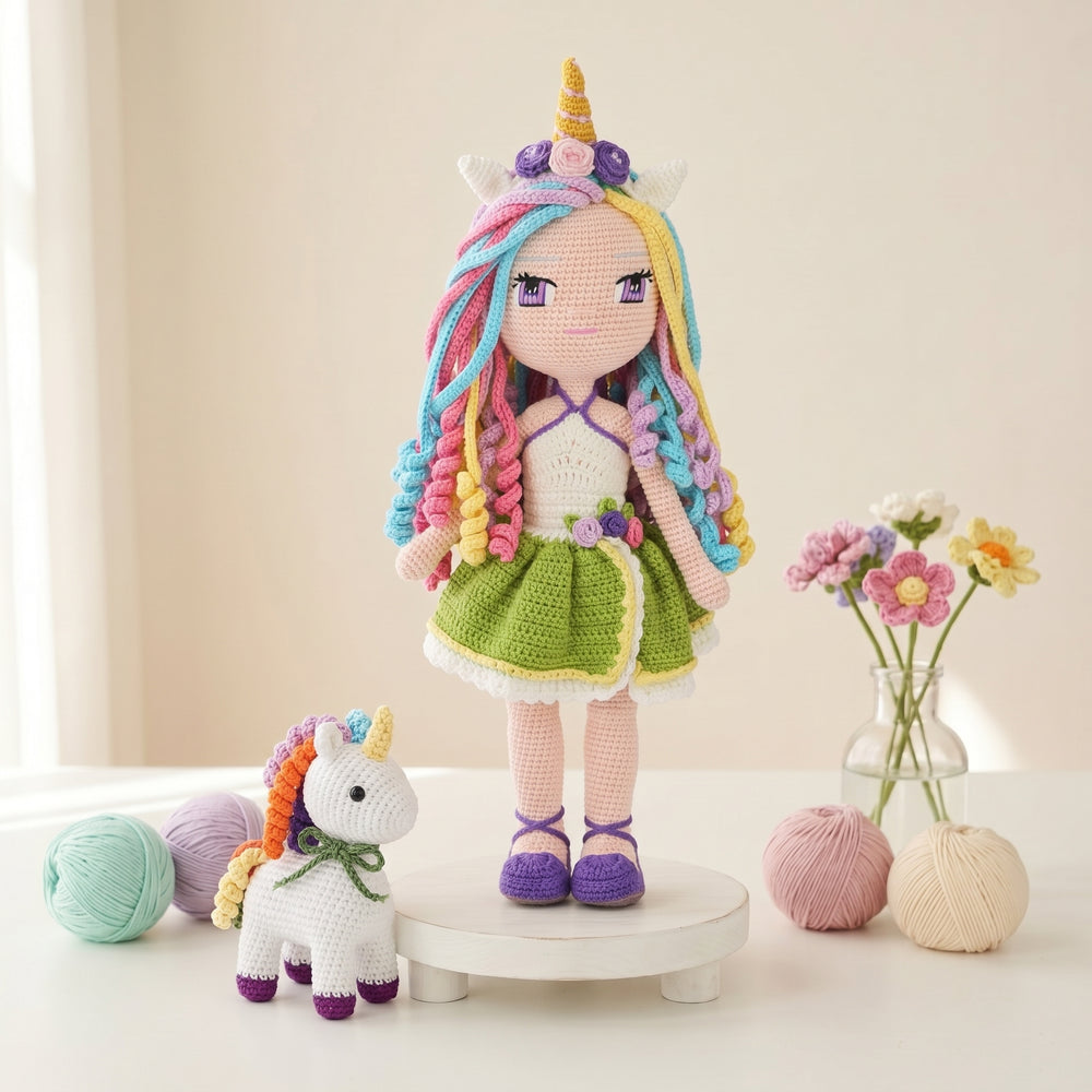 Iris Unicorn crochet doll pattern with Misty the Unicorn