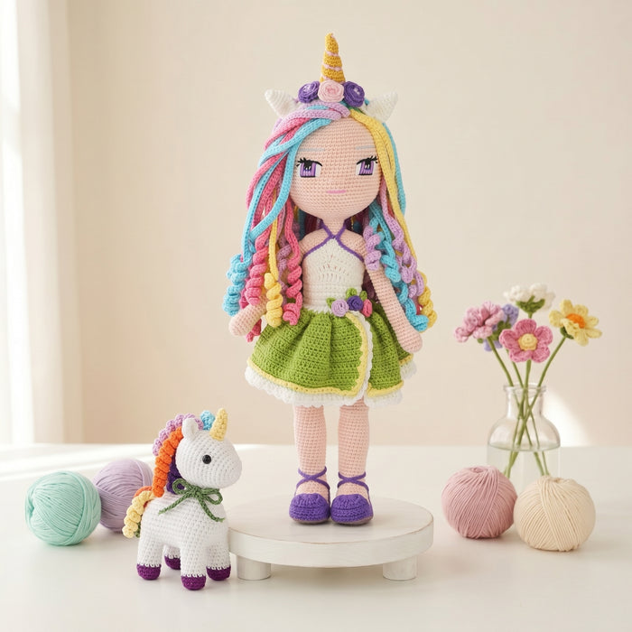 Iris Unicorn crochet doll pattern with Misty the Unicorn