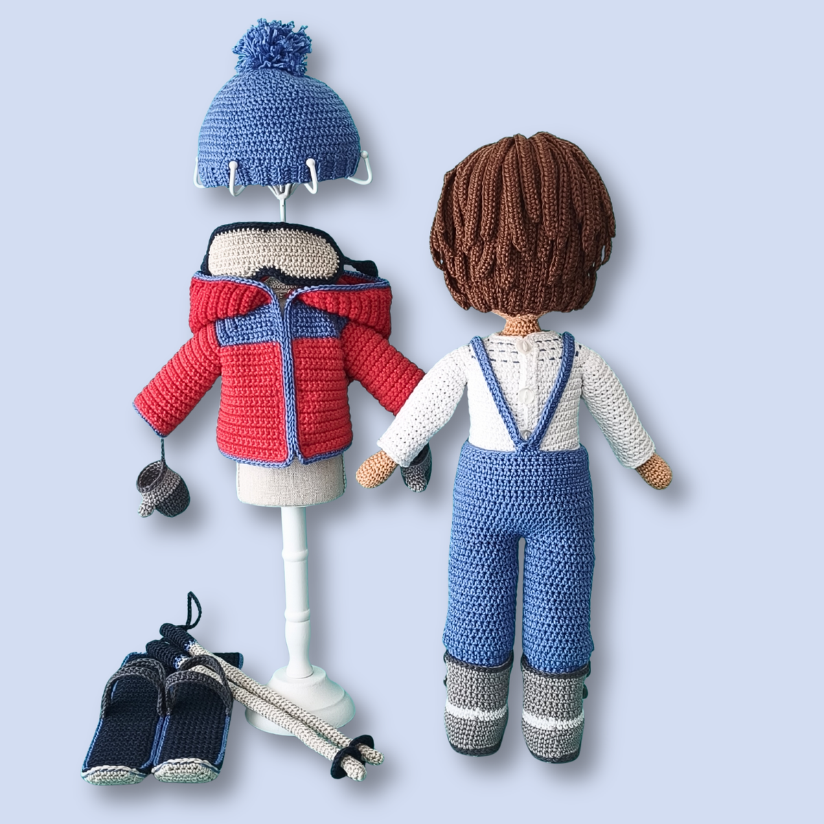 Thomas Skier crochet doll pattern, back view with jacket and wig detail