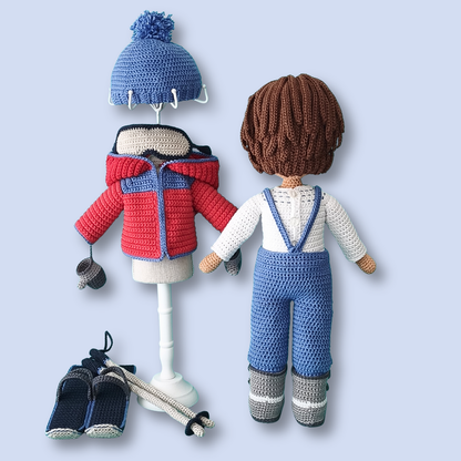 Thomas Skier crochet doll pattern, back view with jacket and wig detail