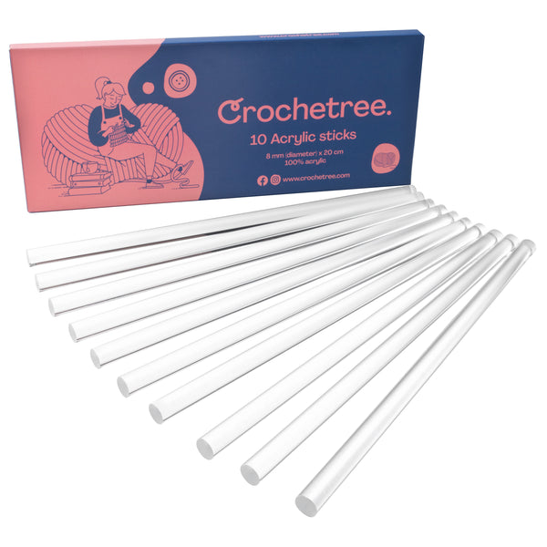 Crochetree acrylic doll armature sticks fanned in front of the navy and pink box, 10 pcs 8 mm x 20 cm