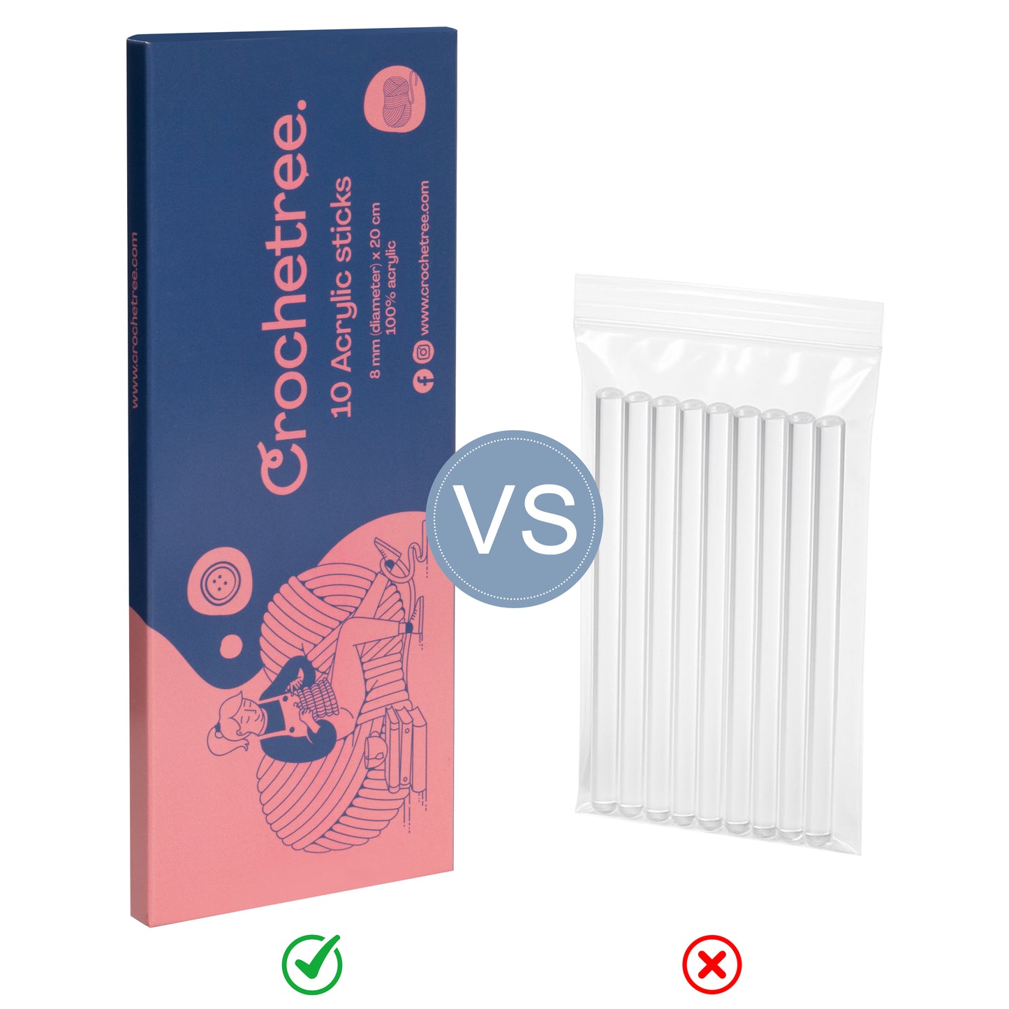 Crochetree Acrylic Sticks – 10 pcs, 8 mm × 20 cm