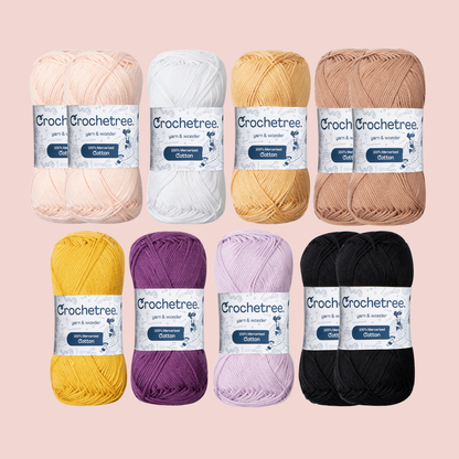 Alice Yarn Set - Crochetree 100% mercerized cotton skeins in peach, white, gold, caramel, mustard, purple, lilac, and black